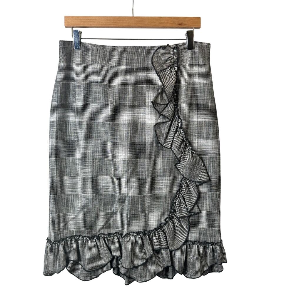Rebecca Taylor Skirt Women’s 12 Pencil Ruffle Modest Plaid Black White Preppy